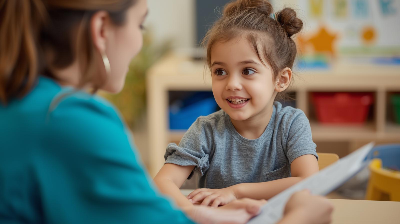 gradeschool non verbal kid getting taught to speak by therapist 1